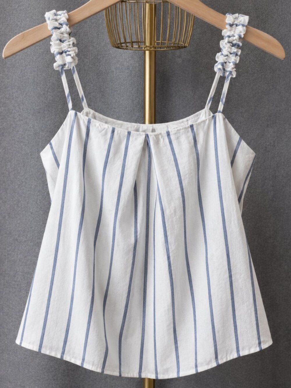 River Island White Blue Striped Camisole Top Size 12 Ruffle Strap Cotton Viscose